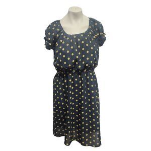 Bella Bird Polka Dot Dress Large Navy Yellow Midi Peasant Cottagecore Boho